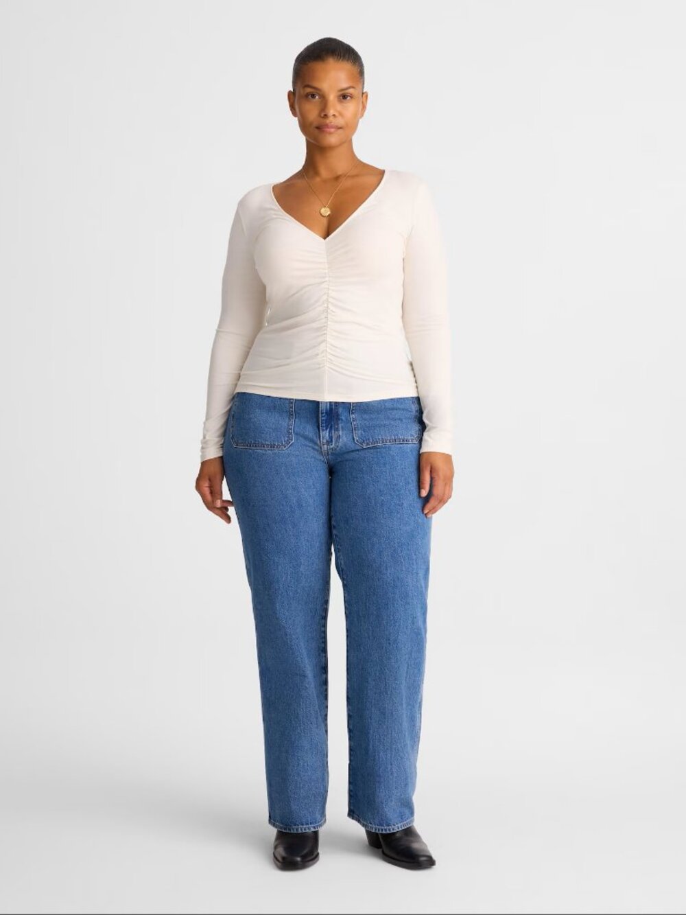 Madewell Shirred V-Neck Long Sleeve Top, Vintage Ivory, Small, NWT